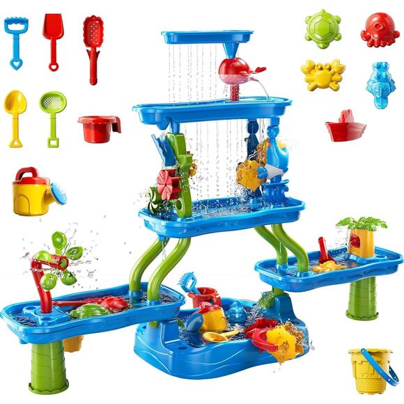 Beach Toy Table Other - Water Table for Kids Ages 3-5 4-8, 6-Tier Rotatable Rain Shower Splash Pond